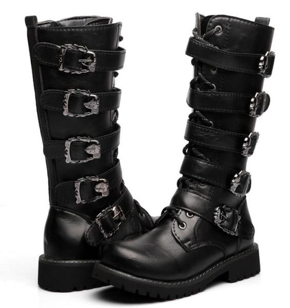 

high platform men039s leather motorcycle boots midcalf military combat boots gothic belt punk boots casual men shoes black5851279, Black