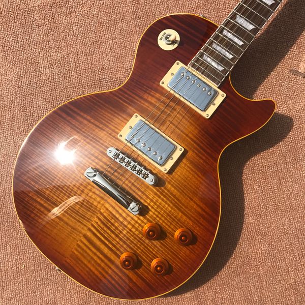 

electric guitar, mahogany fingerboard, yellow lead, auto tuning bridge, chrome hardware, solid mahogany, aaa flame maple 58