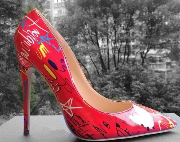 

red lbottom specia graffiti colorful women pumps stiletto high heels spring wedding party women shoes sapato feminino4591186, Black