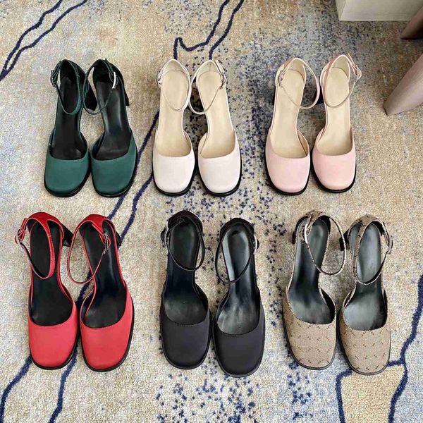 

designer sandals mid-heel slingback pumps women round head sandal chunky heel metal buckle slippers with box, Black