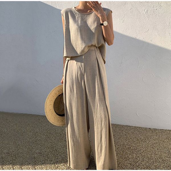 

women's two piece pants summer cotton set sleeveless oneck tank wide leg outifits oversize clothes outfits 230506, White