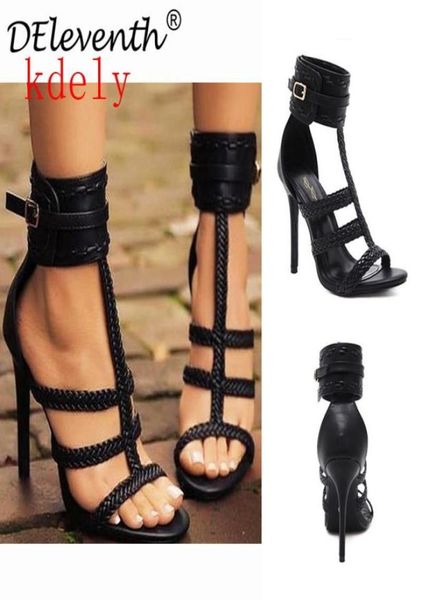 

sandals summer women black pu leather tstrap braided belt buckle stiletto high heeled shoes lady5050080
