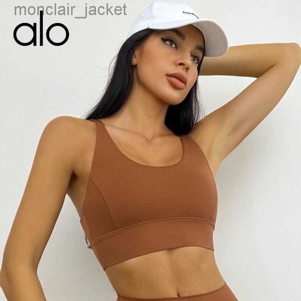 

desginer alo yoga new suit fitness suit women's solid color thin shoulder and beautiful back gathering shock absorbing sports bra, White