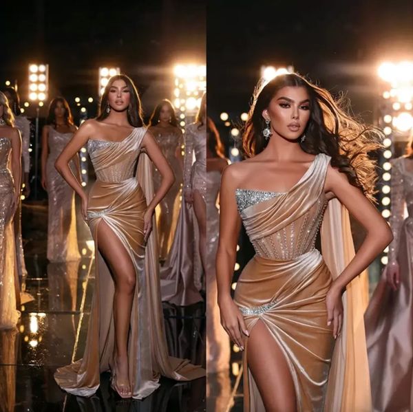 

new evening dresses formal prom party gown mermaid one-shoulder floor-length sweep train crystal applique long backless split custom, Black