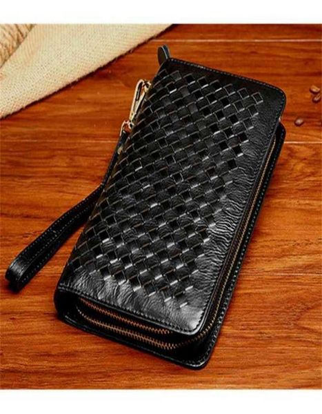 

genuine women purse knitted male clutch leather wallet men money clip coin holder pouch cluch bag5798091, Black