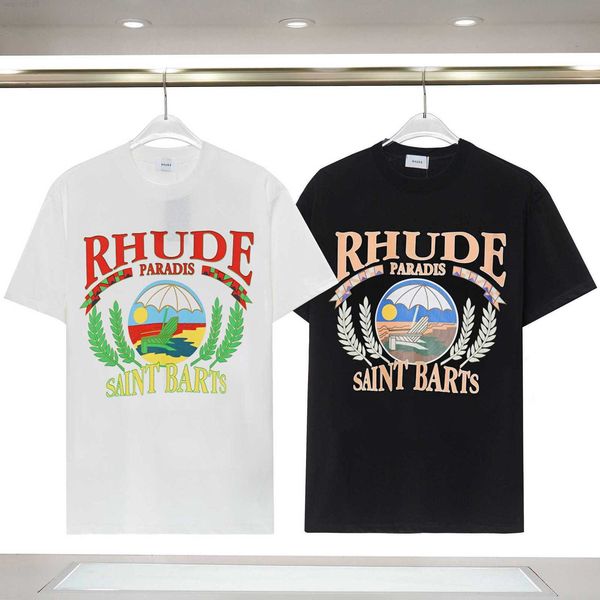 

2023 men's and women's fashion t-shirt br rhude s sunset beach pleasant pattern printed round neck short sleeve men women couples, White;black