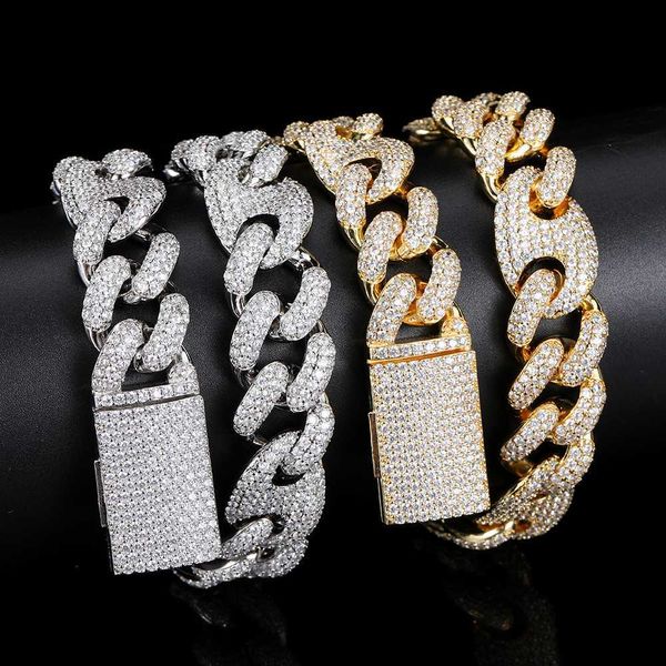 

wholesale jewelry factory 19mm cuban chain iced out rhinestone zircon gold plating miami cuban link chain white gold necklace, Silver