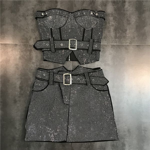 

two piece dress prepomp sleeveless strapless diamonds black slim tank vest short bodycon skirt belt set outfits gh708 230506, White