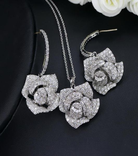 

fashion wedding party jewelry cubic zircon micro pave big dangle rose flower earrings necklace sets for ladies js0961596473, Slivery;golden