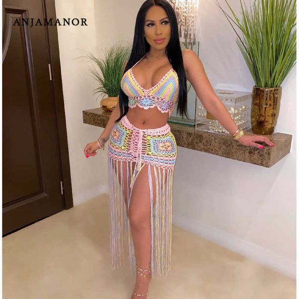 

two piece dress anjamanor crochet tassel two piece skirt set beach dress suit summer outfit womens 2023 2 piece matching sets d48eg26 j23050, White