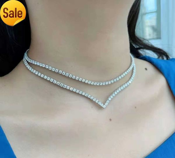 

3mm moissanite d grade tennis chain necklace silver925 gold plated women gift 16" diamond v shaped tennis chain, Silver