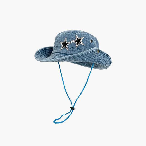 

wide brim hats 2023 new star design cowboy bucket hat with string men denim beach sun hat for women outdoor spring summer fisherman hiking h, Blue;gray