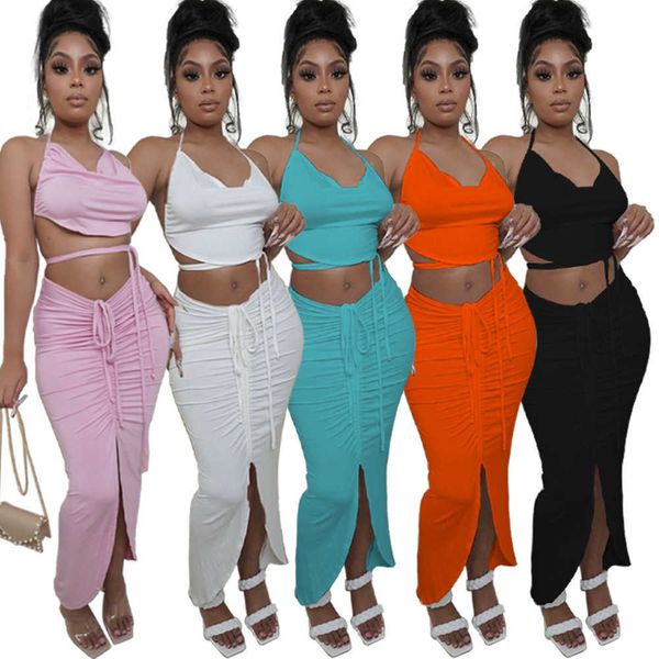 

two piece dress echoine backless lace up halter crop and drsting pleated split midi skirt two piece set party clubwear outfits summer j23050, White