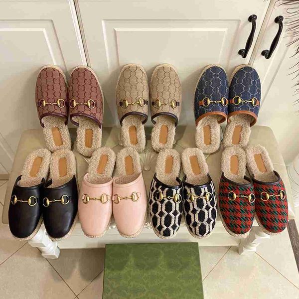 

designer wool slippers winter women princetown loafers luxury classic metal buckle embroidery cotton shoes ladies warm lazy slides, Black