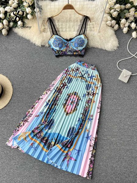 

two piece dress singiny vero impresso saia define feminino sem mangas ala de renda linha de saia longa feminino streetwear splice duas peas, White