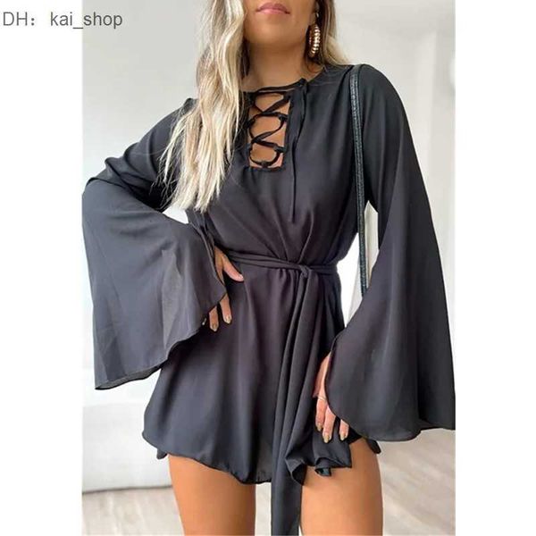 

street style dresses 2023 summer new product fresh sweet bandage half open collar flare sleeve dress short skirt anti glare 21, Black;pink