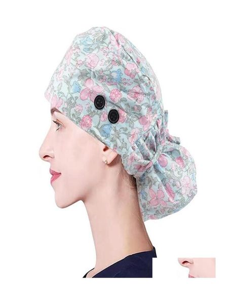 

beanieskull caps print adjustable long hair working cap with button ponytail holder scrub hats elastic nurse hat for women drop d6097791, Blue;gray