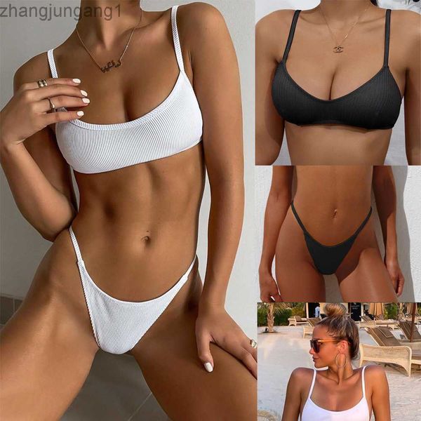 

designer fashion 2023 new pit stripe cloth women's solid color bikini swimwear women's swimwear factory clearing t shirt, White;black