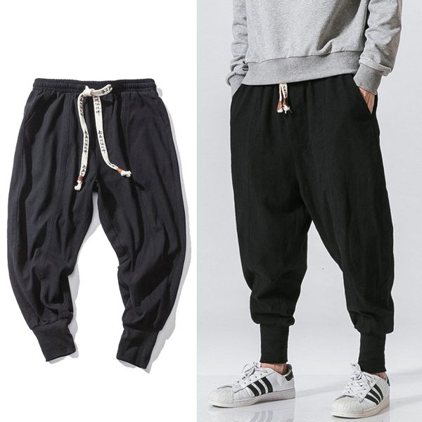 

mens pants chinese style harem streetwear casual joggers cotton linen sweatpants anklelength trousers m5xl 230506, Black