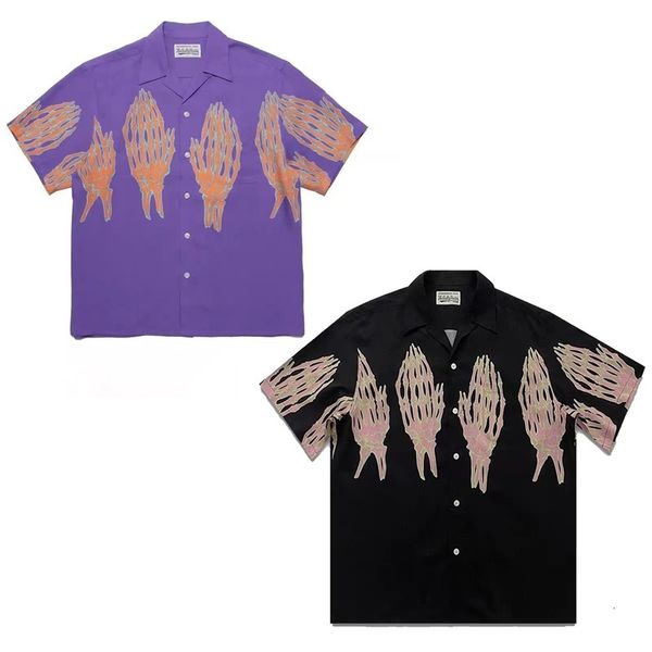 

men's casual shirts oversized summer wacko maria 23ss hawaiian short sleeve black shirt men women fashion print tees 230506, White;black