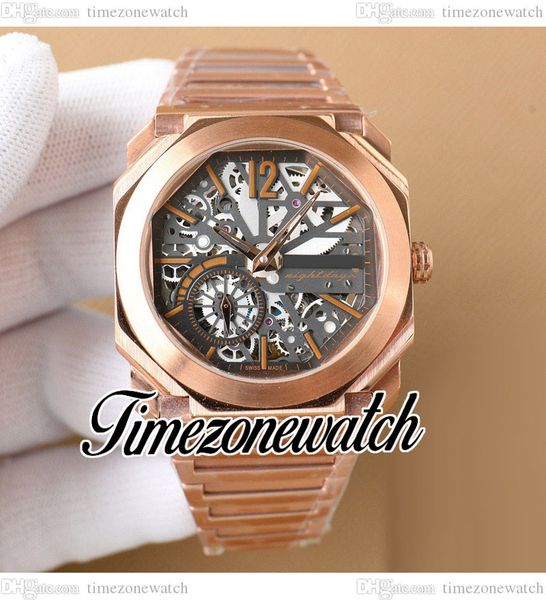 

43mm djf octo finissimo 103667 automatic mens watch skeleton dial orange stick markers rose gold steel bracelet gents new watches twbg timez, Slivery;brown