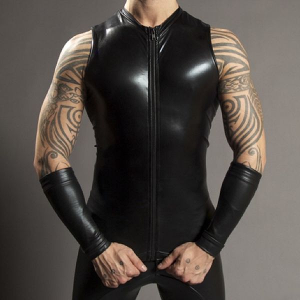 

men' tank mens pu leather sleeveless zip tshirt gym fitness sport shirts male party club wear man oneck undershirts 230506, White;black