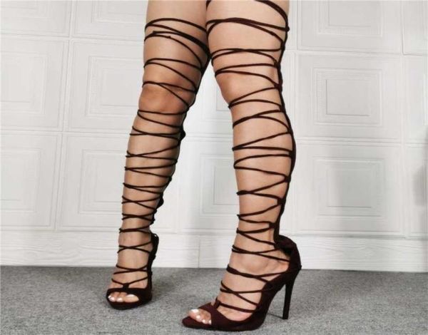 

sandals mature lady039s lace up thigh high long heels shoes summer hollow round toe back zip plus size 479319912, Black