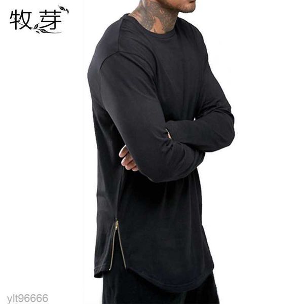 

new trends men t shirts super longline long sleeve t-shirt hip hop arc hem with curve hem side zip tee y0322, White;black
