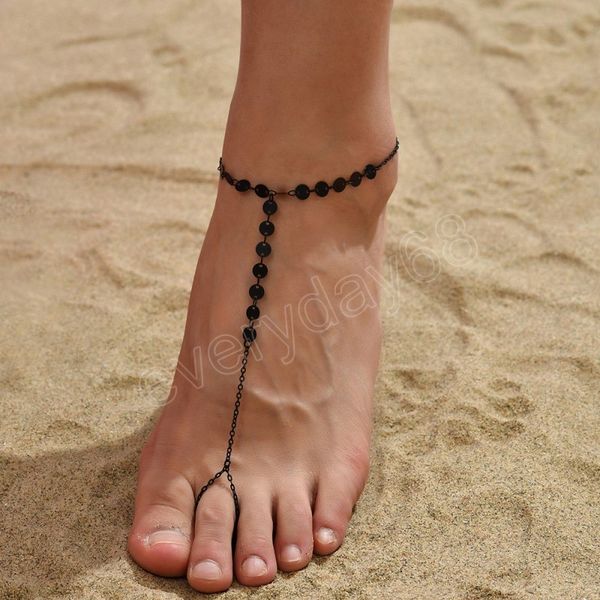 

black color round link chain anklets connecting foot leg rings ankle bracelet for women summer barefoot sandal jewelry gift, Red;blue