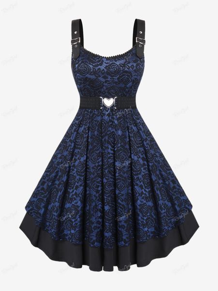 

plus size dresses rol size vintage floral lace jacquard buckled straps dress with belt deep blue fashion party holiday vestidos 230506, Black