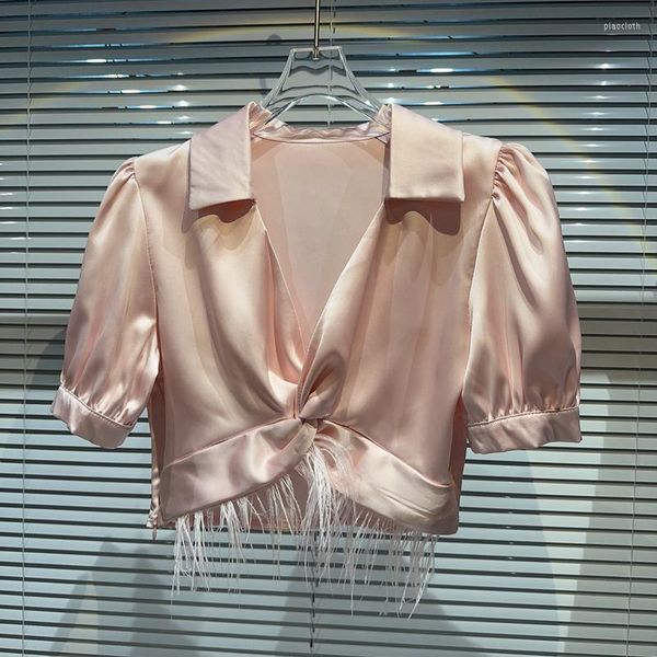 

women's blouses socialite ostrich feather edge mercerized acetate short sleeve shirt women sweet pink blouse 2023 summer blusas feminin, White