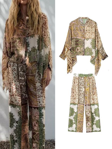 

women's two piece pants traf women print cape style blouse sets 2023 summer casual single breasted loose elastic wide leg street wear, White