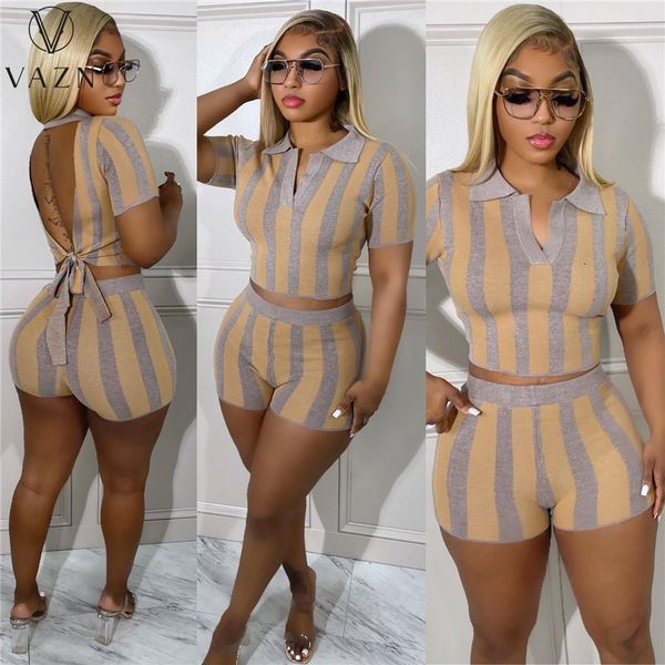 

women's tracksuits vazn short sleeve lapel elastic pants striped 2 piece sets ladies fashion street casual style women set 230506, Gray
