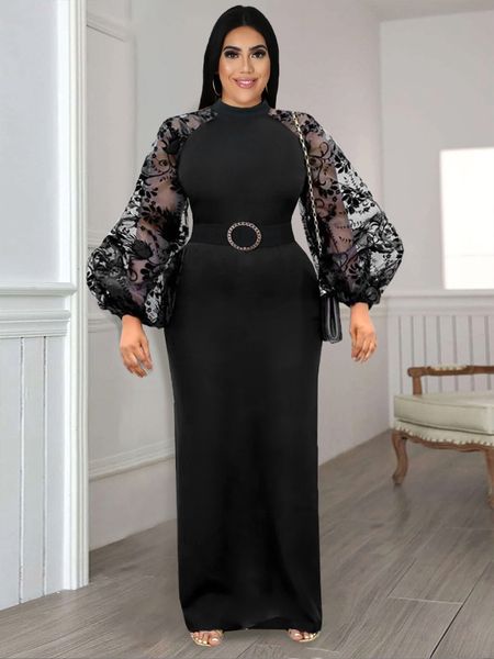 

plus size dresses black long size 3xl 4xl see through sleeve high waist bodycon evening cocktail event party gowns for women 230506