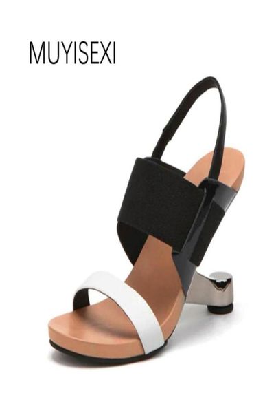 

high heel sandals women shoes genuine leather mixed color open toe strange fretwork heel summer women sandals hl37 muyisexi2282483, Black