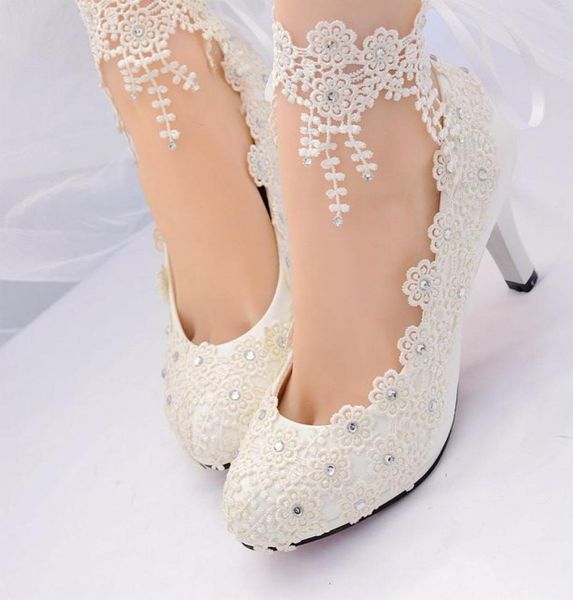 

white flower lace wedding shoes 2018 high heels woman pumps bridal shoes pointed toe lace up ankle straps womens heels4457213, Black