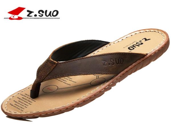 

zsuo brand summer new style zs16618 fashion comfortable slippers waterproof footbed breathable cow leather mens flip flops slippe5062458, Black