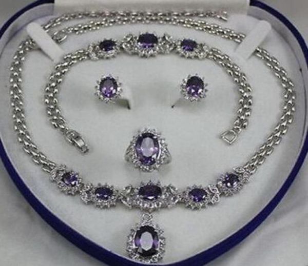 

beautiful women039s jewelry amethyst necklace bracelet ring earring setbox5354479, Slivery;golden