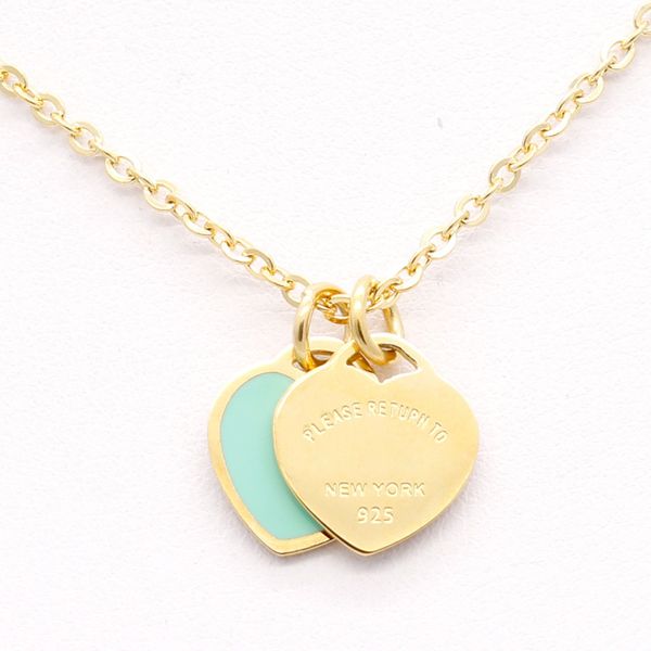 

premium tiffanyy enamel pink double heart necklace choker short female collars rose gold titanium steel necklace heart, Silver