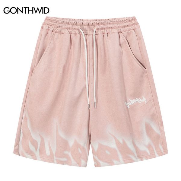

men's shorts hip hop retro suede shorts men fire flame print baggy track shorts streetwear high street harajuku casual jogger sweatpant, White;black