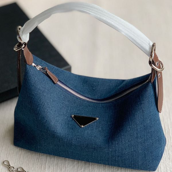 

denim vintage women designer jumbo underarm bag enameled metal triangle adjustable wide leather strap shoulder zipper handbag large capacity