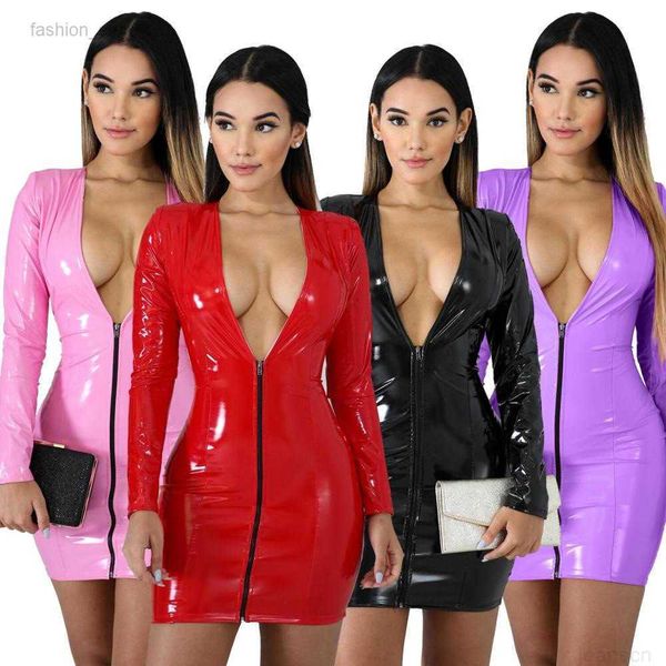 

women's clothing 2023 color imitation leather dress zipper pu high elastic deep v-neck jumpsuit short skirt four side with hip, White;black