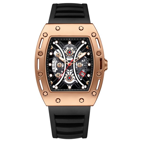 

wristwatches dominating tonneau men's watch curved mirror skeleton face sports men's watch 0420g, Slivery;brown