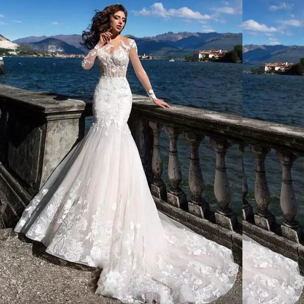 

see through fishbone mermaid wedding dresses appliques gown long sleeve moden bridal plus size women dress, White