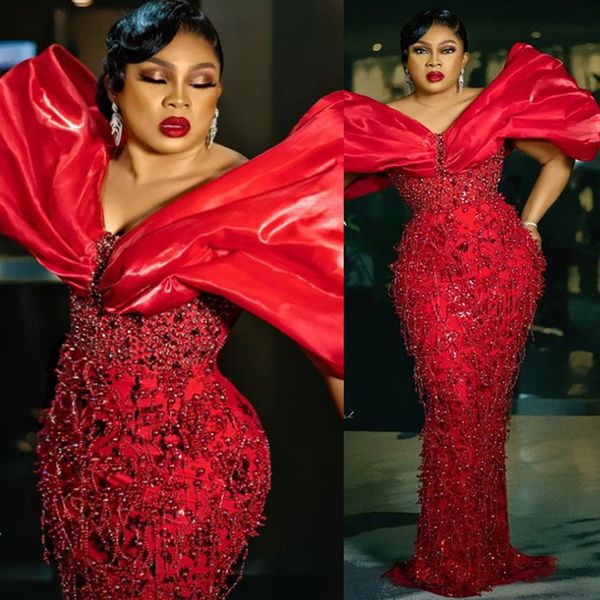 

2023 may aso ebi mermaid red prom dress beaded crystals lace evening formal party second reception birthday engagement gowns dress robe de s, Black