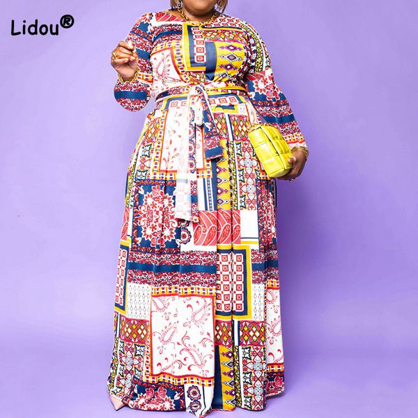 

plus size dresses indie folk ethnic o neck pink long sleeve pleated skirt vintage print bandage size maxi dress spring autumn women clothing, Black