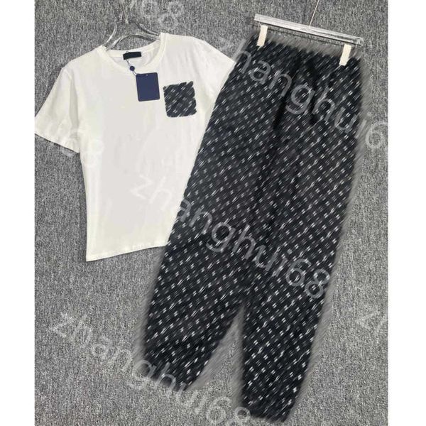 

23ss women set casual suit womens designer clothing monogram pocket short sleeve t-shirt full logo printed elastic waist casual trousers set, White