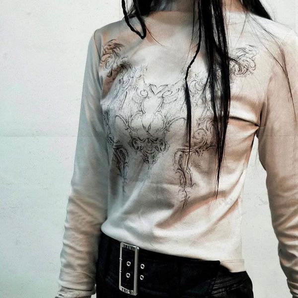 

tanks women casual tshirt round neck long sleeve vintage totem pattern print bottoming tee outwear, Black;white