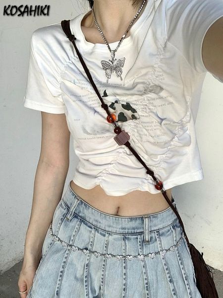 

women's t-shirt kosahiki y2k aesthetic graphic t shirts summer fairy grunge pleated t-shirt women letter print vintage slim-fit tees 2, White