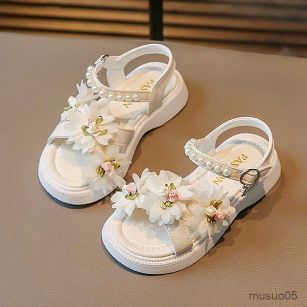

sandals flowers girls summer sandals pearl party wedding fashion kids princess shoes comfortable soft hook loop children sandals, Black;red